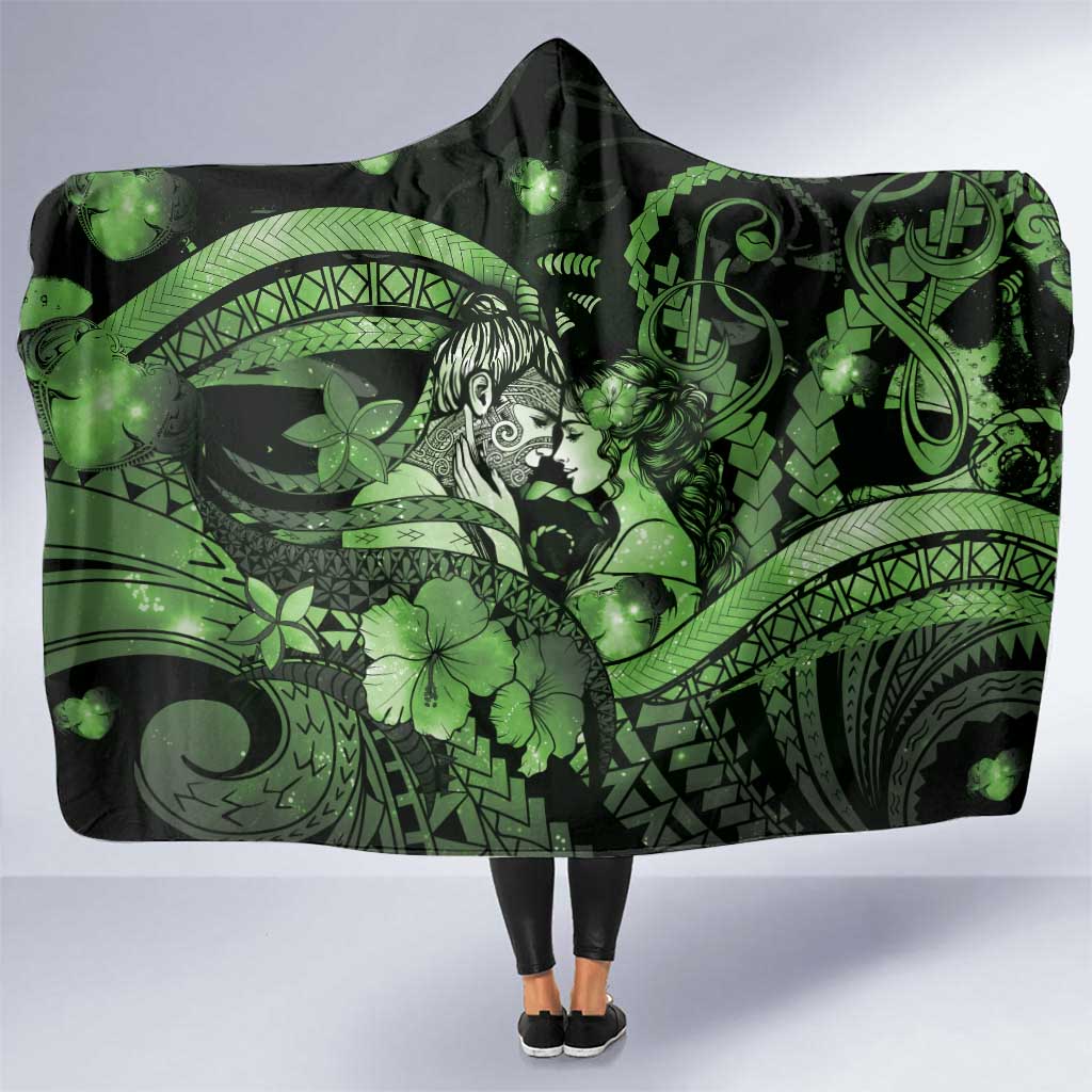 Maori Romantic Valentine Hooded Blanket The Hongi Kiss Green Galaxy DT05 One Size Green - Polynesian Pride