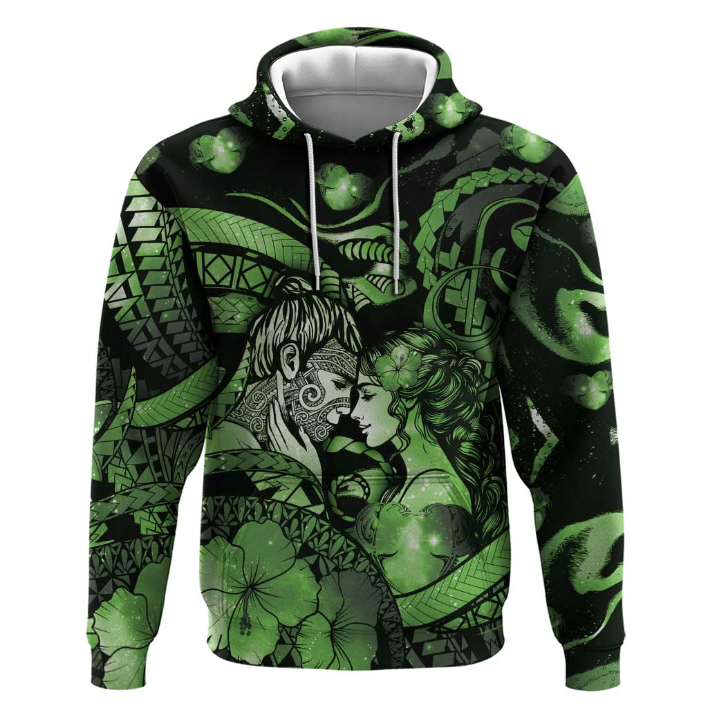 Personalised Maori Romantic Valentine Hoodie The Hongi Kiss Green Galaxy DT05 Pullover Hoodie Green - Polynesian Pride
