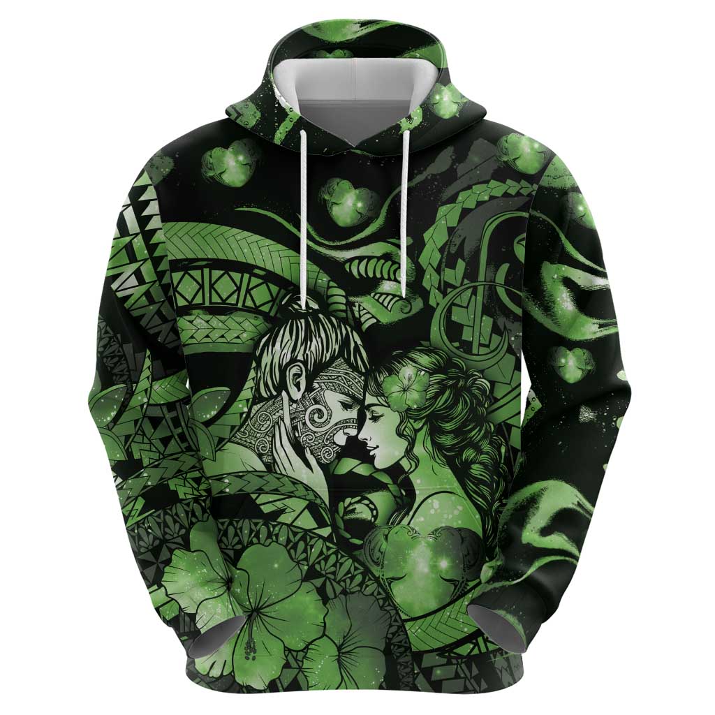Personalised Maori Romantic Valentine Hoodie The Hongi Kiss Green Galaxy DT05 - Polynesian Pride