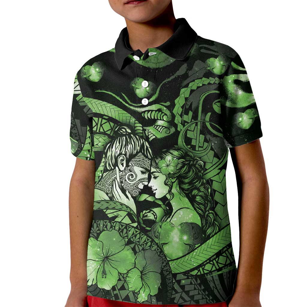 Personalised Maori Romantic Valentine Kid Polo Shirt The Hongi Kiss Green Galaxy DT05 Kid Green - Polynesian Pride