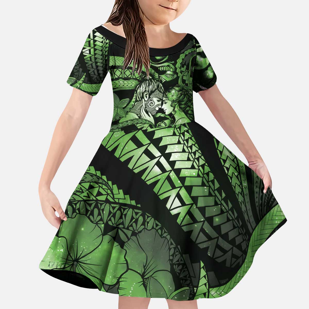 Personalised Maori Romantic Valentine Kid Short Sleeve Dress The Hongi Kiss Green Galaxy DT05 KID Green - Polynesian Pride