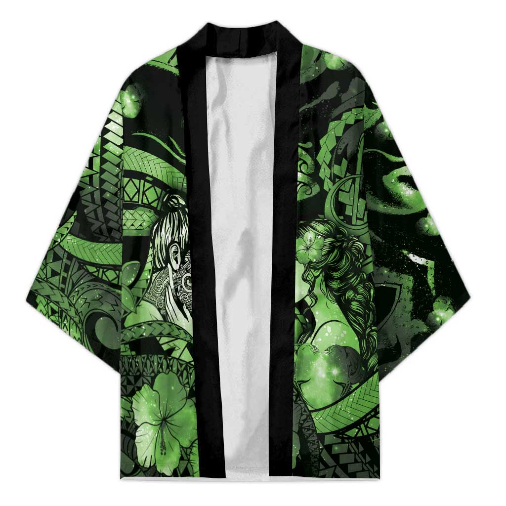 Personalised Maori Romantic Valentine Kimono The Hongi Kiss Green Galaxy DT05 Unisex Green - Polynesian Pride