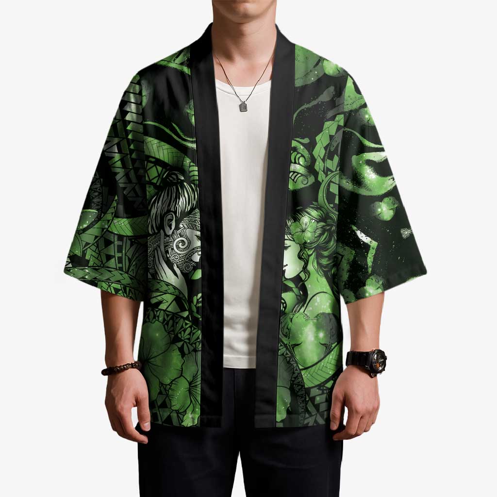 Personalised Maori Romantic Valentine Kimono The Hongi Kiss Green Galaxy DT05 - Polynesian Pride