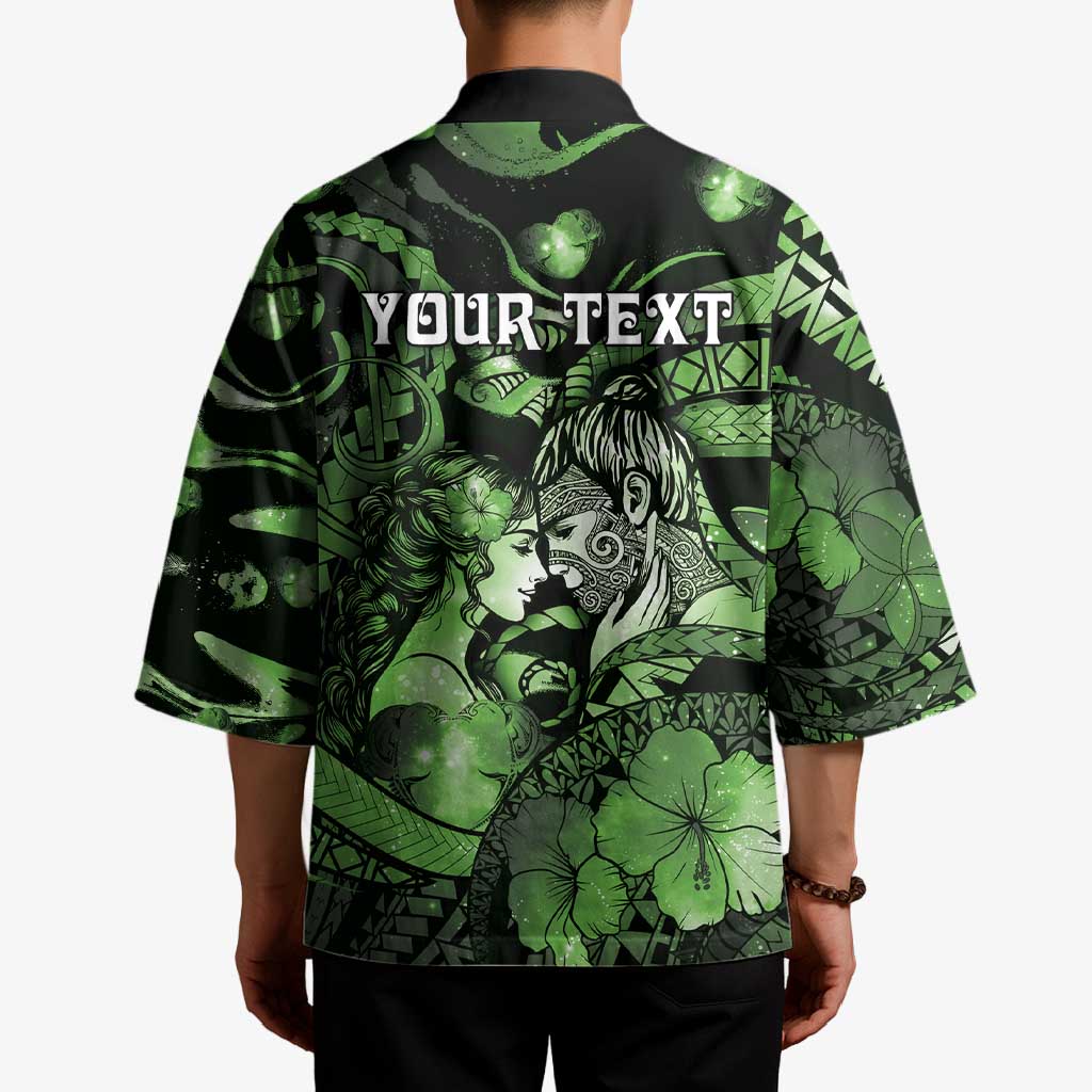 Personalised Maori Romantic Valentine Kimono The Hongi Kiss Green Galaxy DT05 - Polynesian Pride