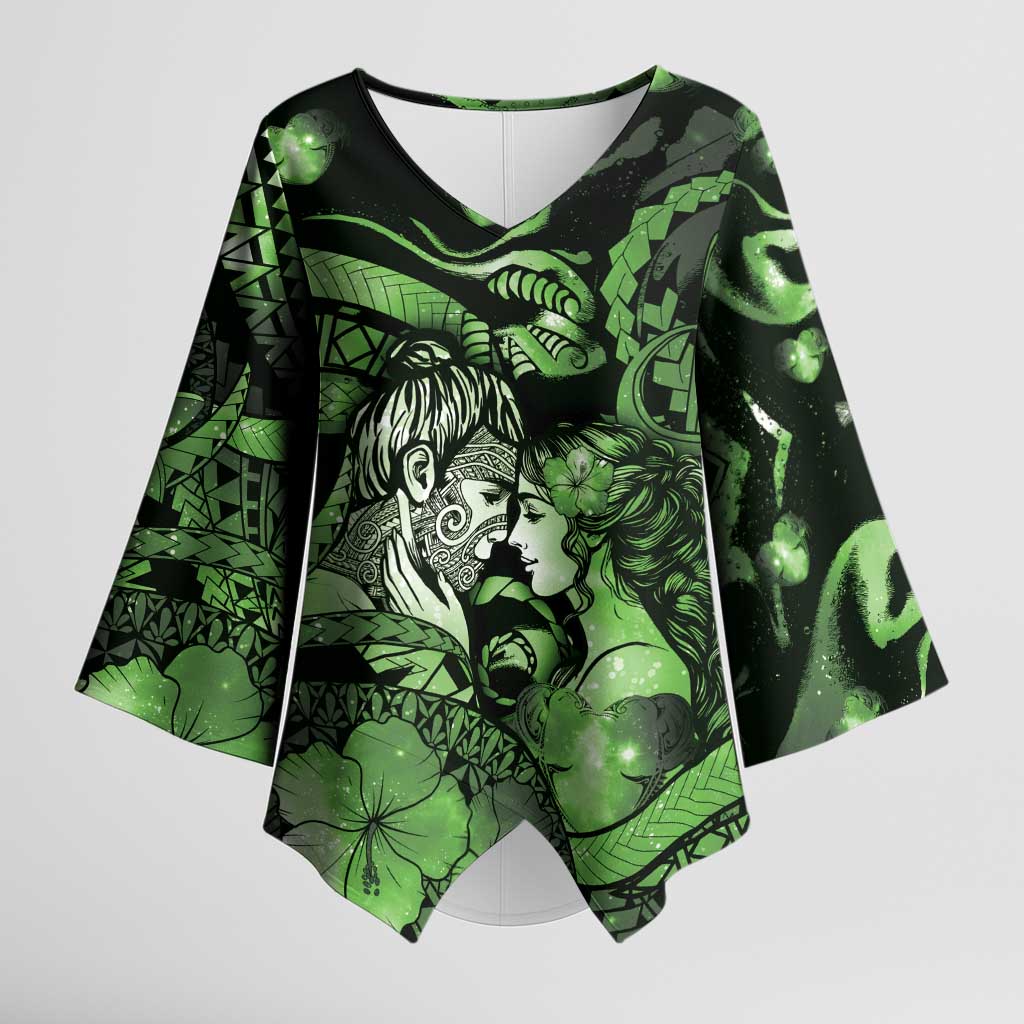 Personalised Maori Romantic Valentine Kimono Sleeve Blouse The Hongi Kiss Green Galaxy DT05 Female Green - Polynesian Pride