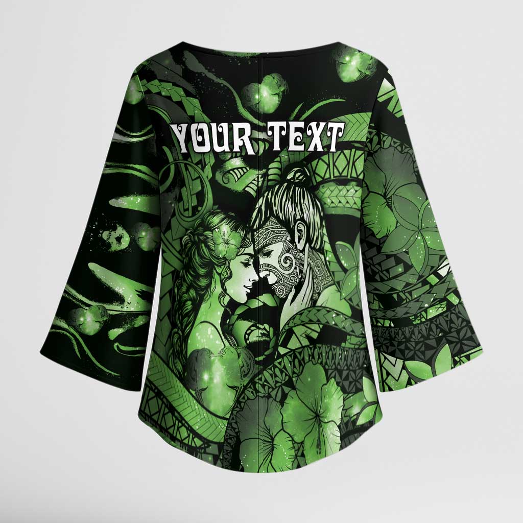 Personalised Maori Romantic Valentine Kimono Sleeve Blouse The Hongi Kiss Green Galaxy DT05 - Polynesian Pride