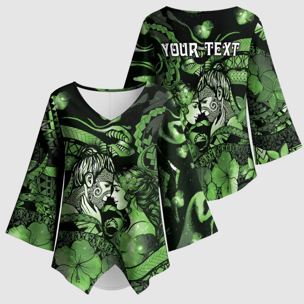 Personalised Maori Romantic Valentine Kimono Sleeve Blouse The Hongi Kiss Green Galaxy DT05 - Polynesian Pride