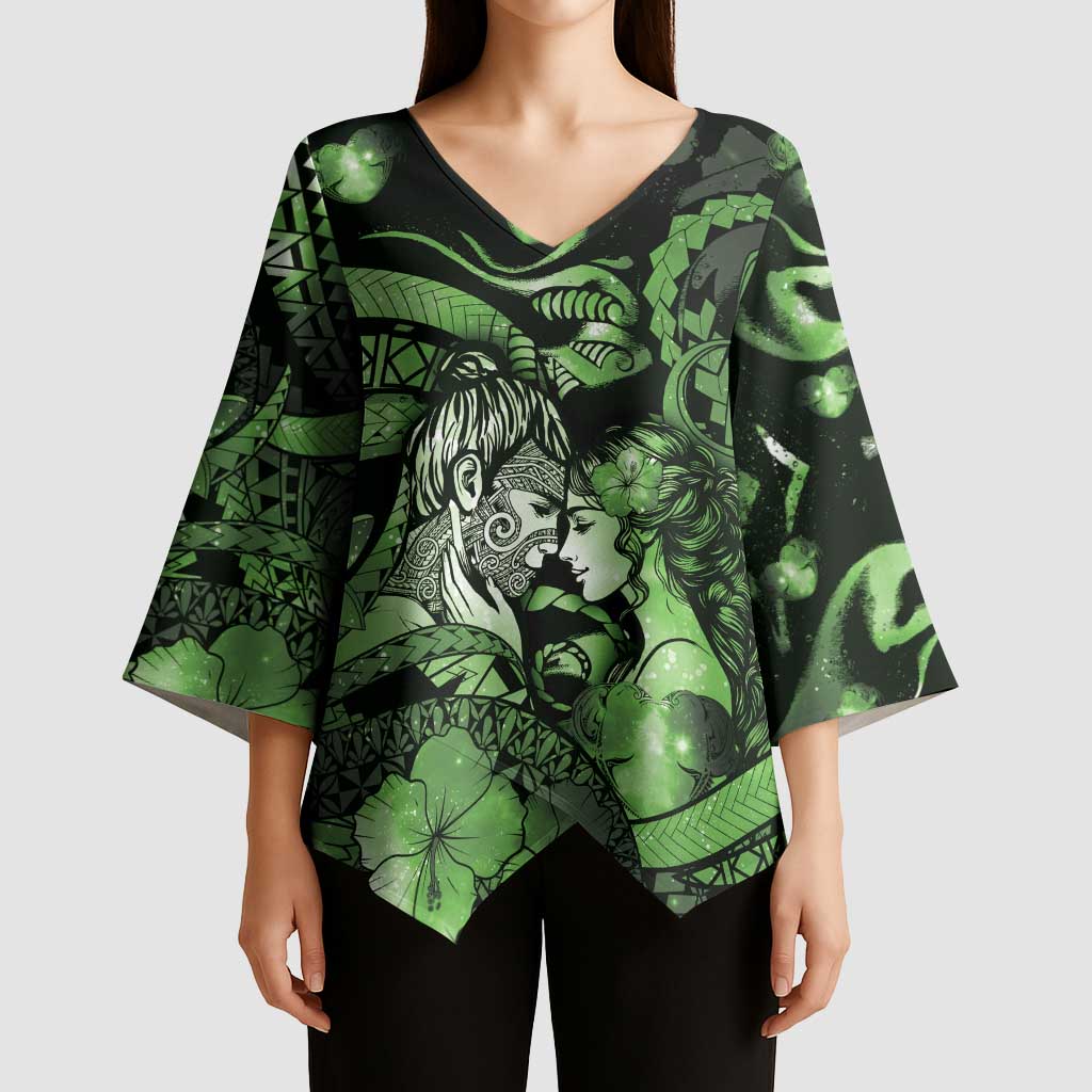Personalised Maori Romantic Valentine Kimono Sleeve Blouse The Hongi Kiss Green Galaxy DT05 - Polynesian Pride
