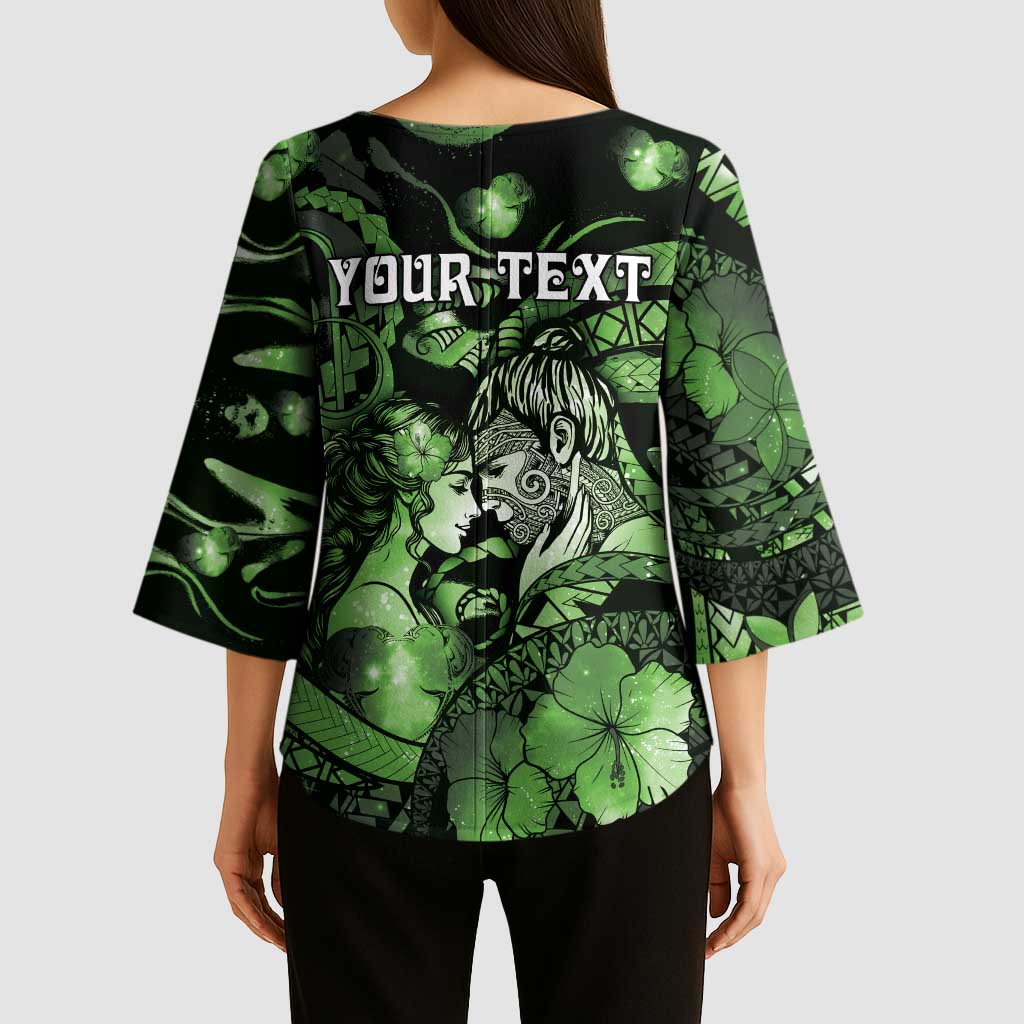 Personalised Maori Romantic Valentine Kimono Sleeve Blouse The Hongi Kiss Green Galaxy DT05 - Polynesian Pride