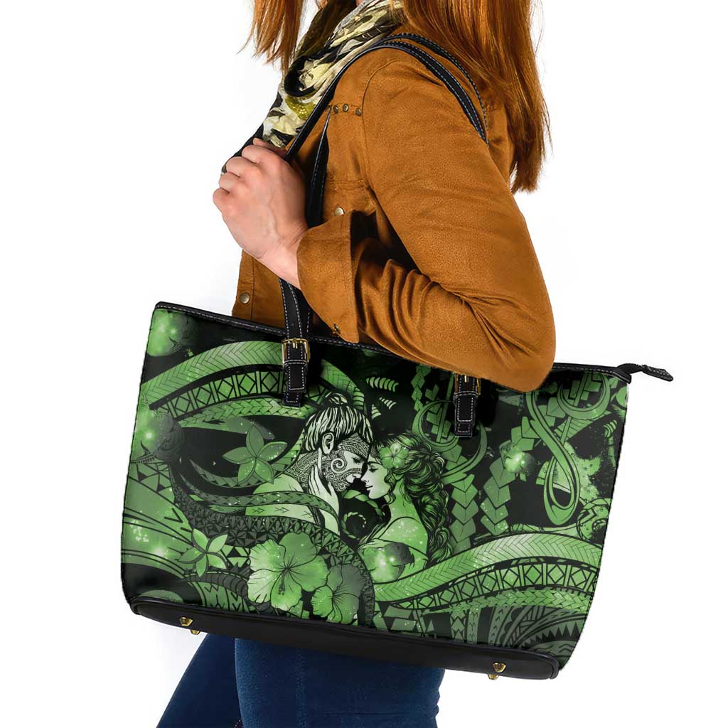 Maori Romantic Valentine Leather Tote Bag The Hongi Kiss Green Galaxy DT05 Green - Polynesian Pride