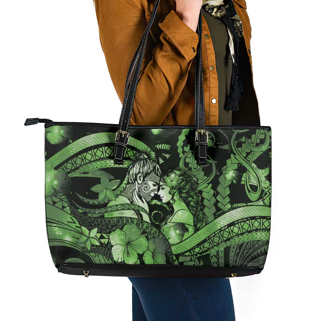 Maori Romantic Valentine Leather Tote Bag The Hongi Kiss Green Galaxy DT05 - Polynesian Pride