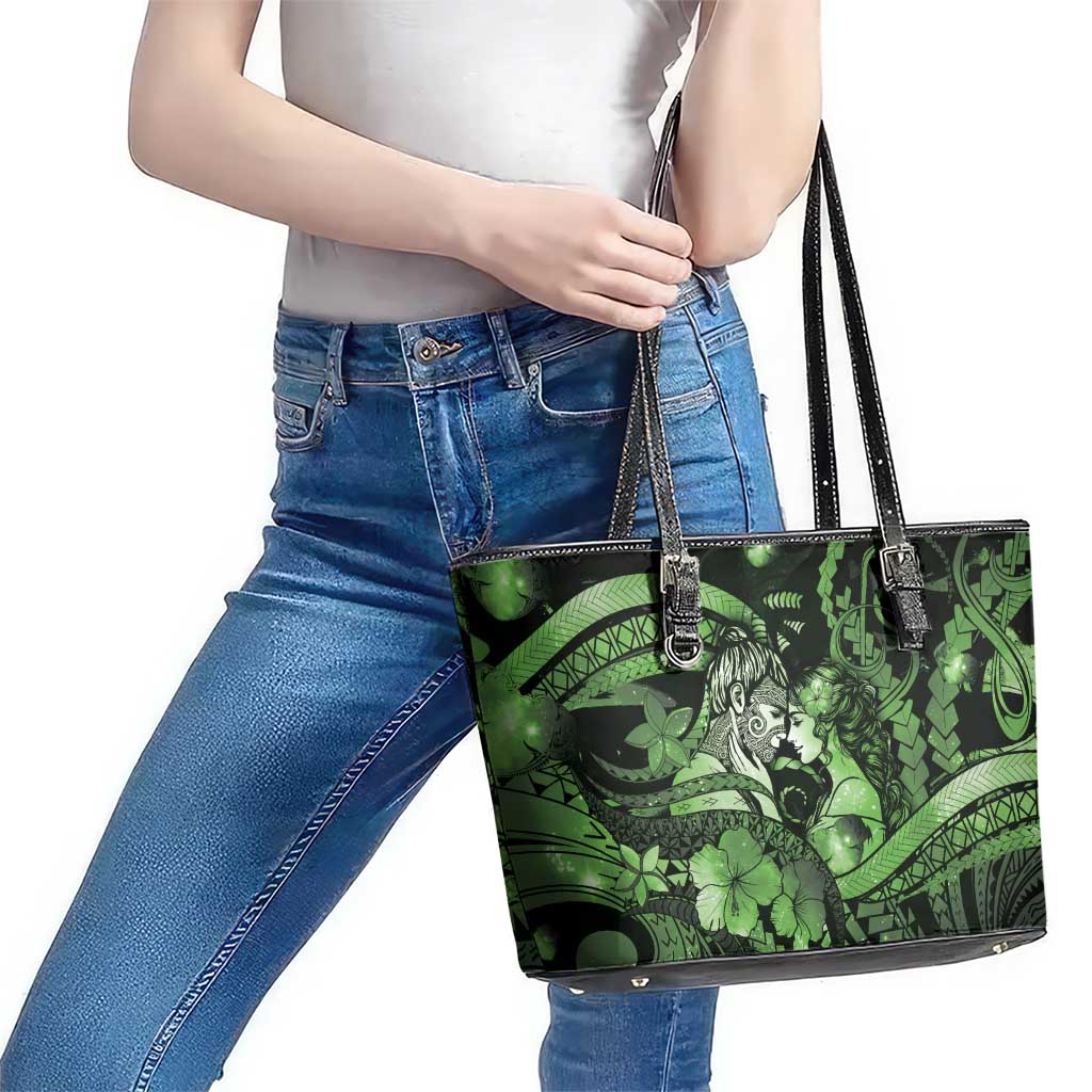 Maori Romantic Valentine Leather Tote Bag The Hongi Kiss Green Galaxy DT05 - Polynesian Pride