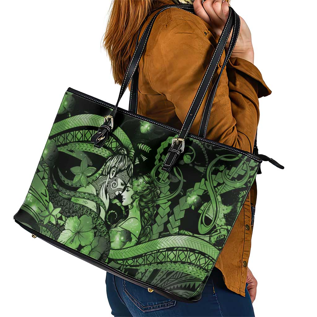 Maori Romantic Valentine Leather Tote Bag The Hongi Kiss Green Galaxy DT05 - Polynesian Pride