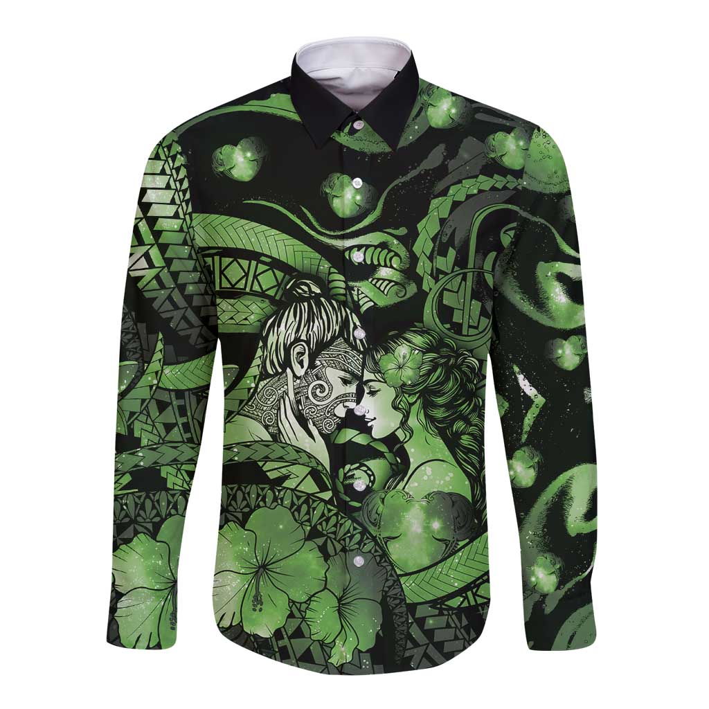 Personalised Maori Romantic Valentine Long Sleeve Button Shirt The Hongi Kiss Green Galaxy DT05 Unisex Green - Polynesian Pride