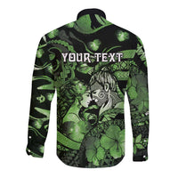 Personalised Maori Romantic Valentine Long Sleeve Button Shirt The Hongi Kiss Green Galaxy DT05 - Polynesian Pride