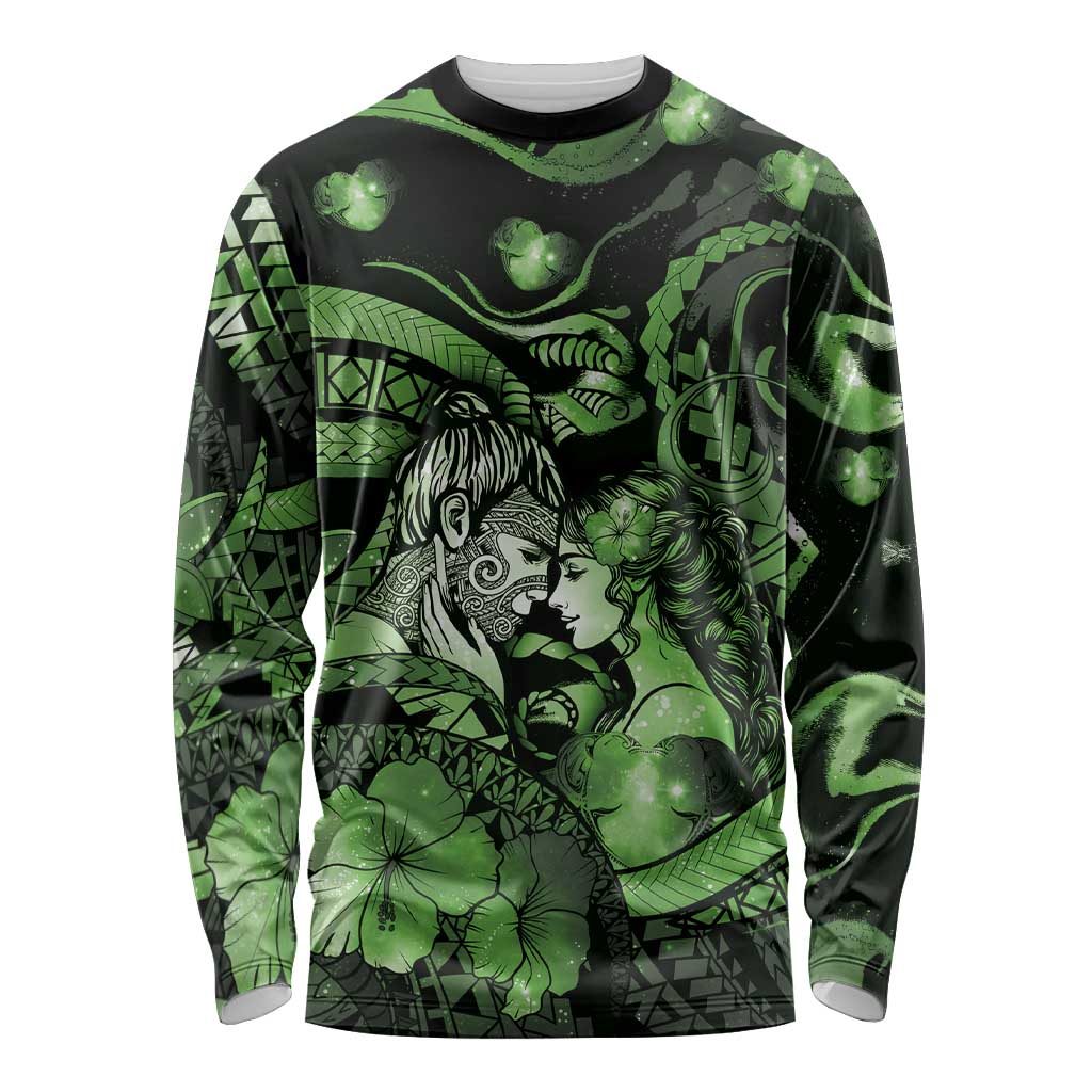 Personalised Maori Romantic Valentine Long Sleeve Shirt The Hongi Kiss Green Galaxy DT05 Unisex Green - Polynesian Pride