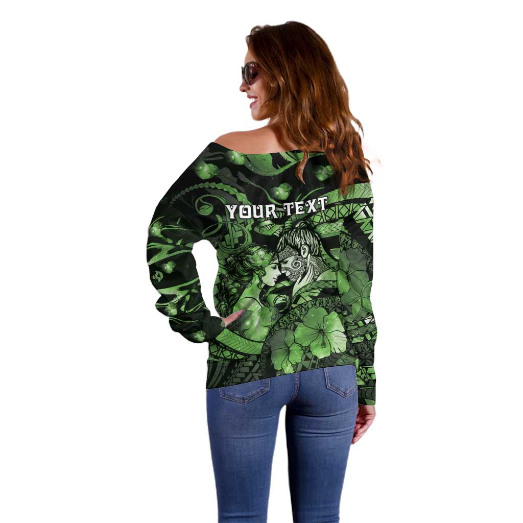 Personalised Maori Romantic Valentine Off Shoulder Sweater The Hongi Kiss Green Galaxy DT05 - Polynesian Pride