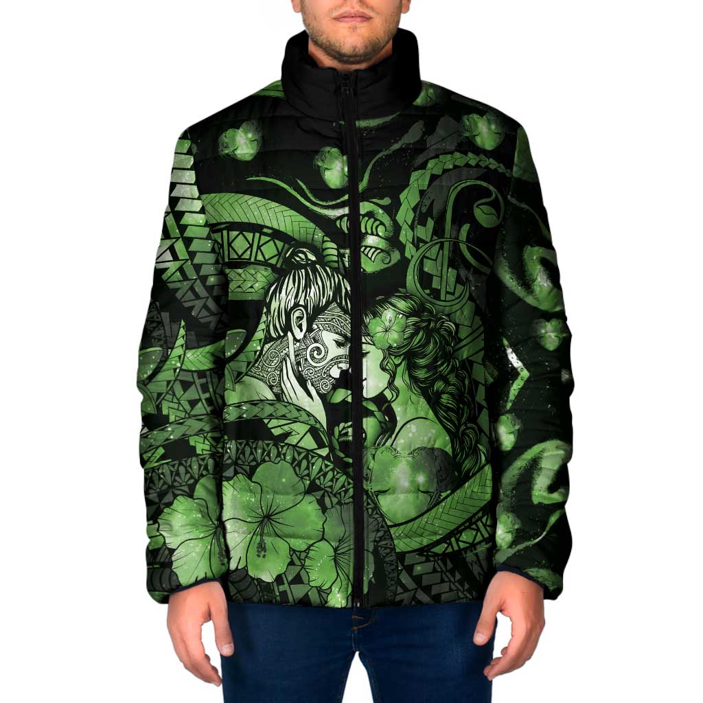 Personalised Maori Romantic Valentine Padded Jacket The Hongi Kiss Green Galaxy DT05 Men Green - Polynesian Pride