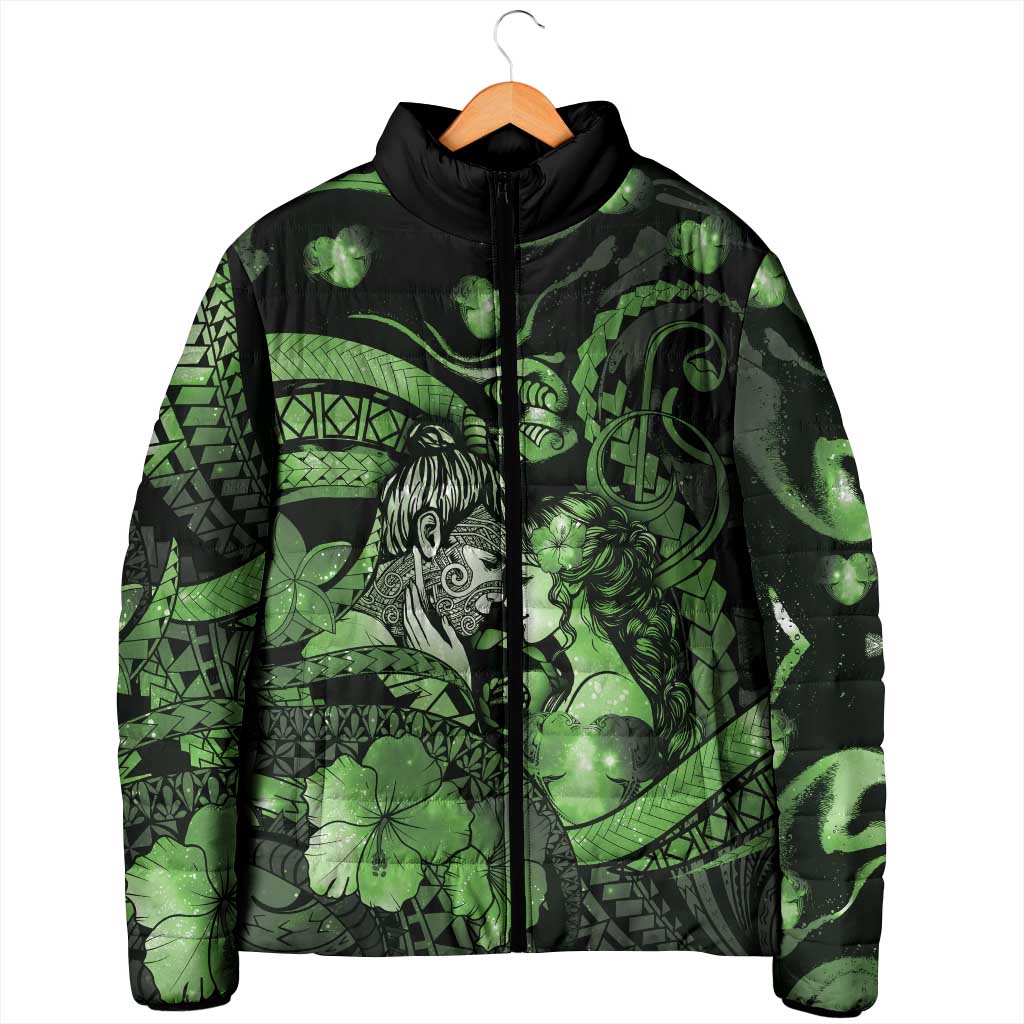 Personalised Maori Romantic Valentine Padded Jacket The Hongi Kiss Green Galaxy DT05 - Polynesian Pride
