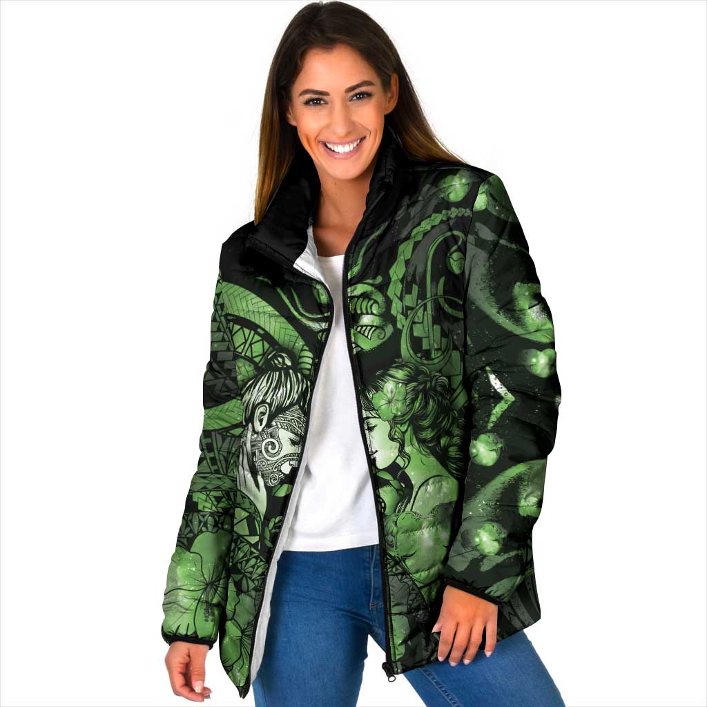 Personalised Maori Romantic Valentine Padded Jacket The Hongi Kiss Green Galaxy DT05 Women Green - Polynesian Pride
