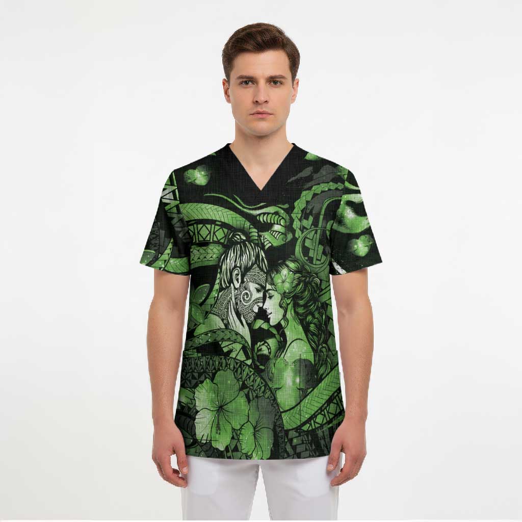 Personalised Maori Romantic Valentine Scrub Top The Hongi Kiss Green Galaxy DT05 - Polynesian Pride