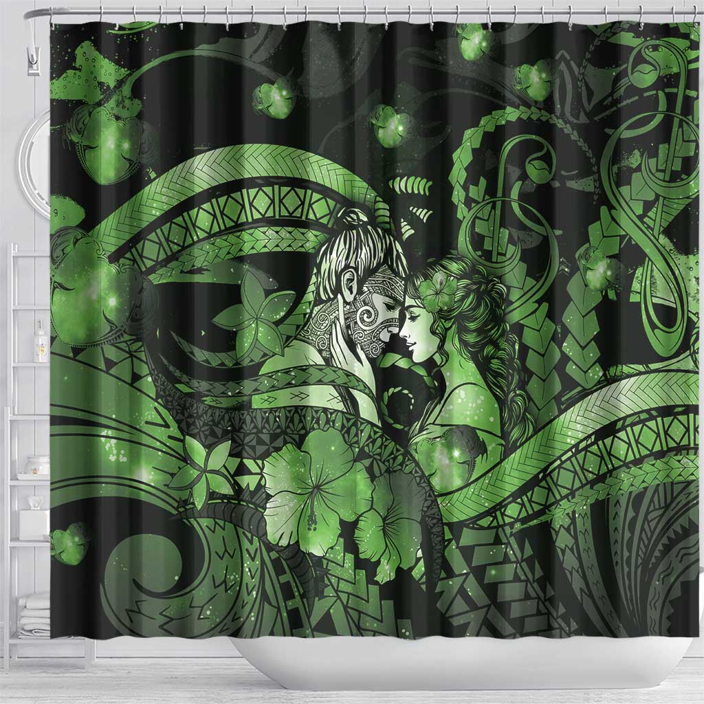 Maori Romantic Valentine Shower Curtain The Hongi Kiss Green Galaxy DT05 - Polynesian Pride