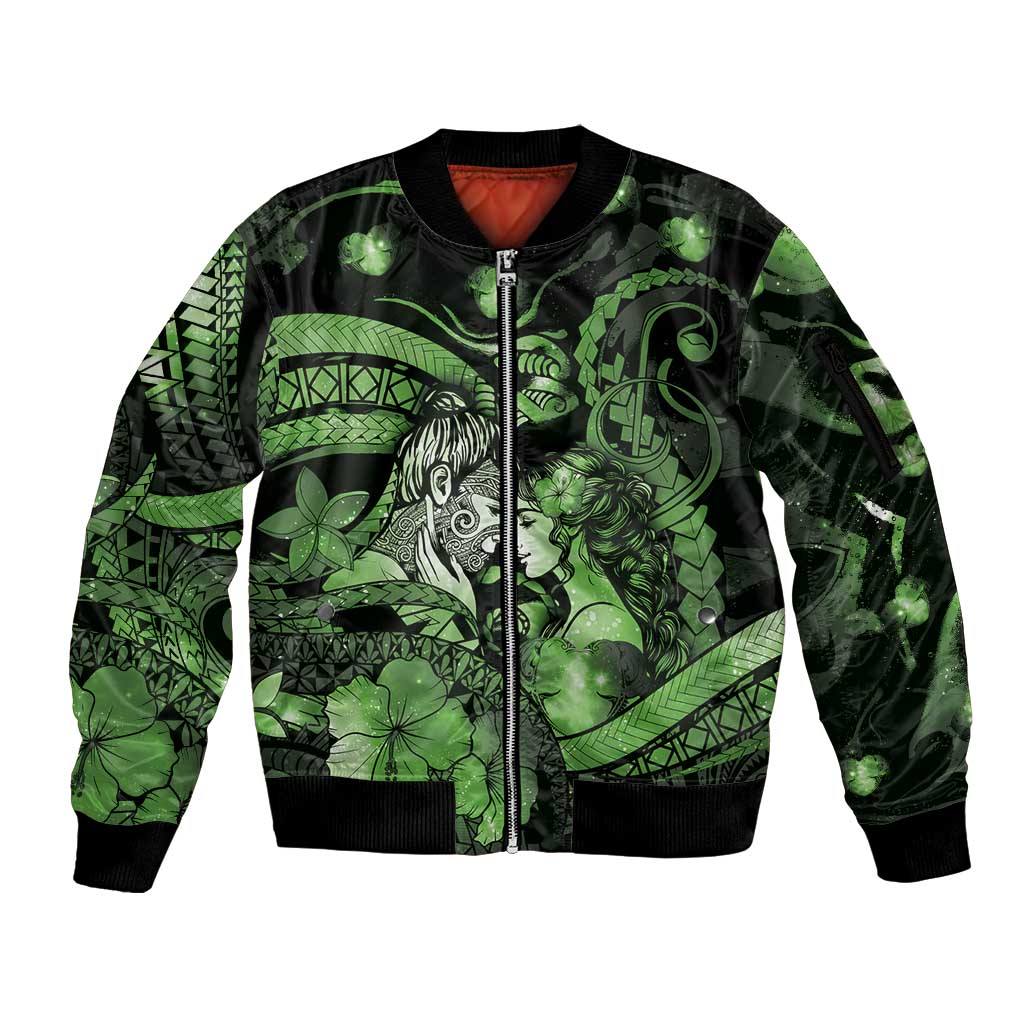 Personalised Maori Romantic Valentine Sleeve Zip Bomber Jacket The Hongi Kiss Green Galaxy DT05 Unisex Green - Polynesian Pride