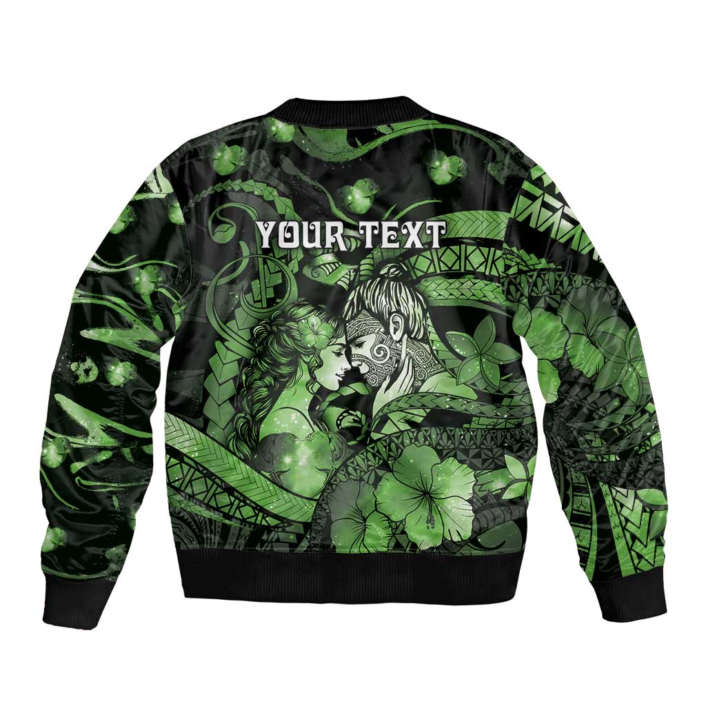 Personalised Maori Romantic Valentine Sleeve Zip Bomber Jacket The Hongi Kiss Green Galaxy DT05 - Polynesian Pride