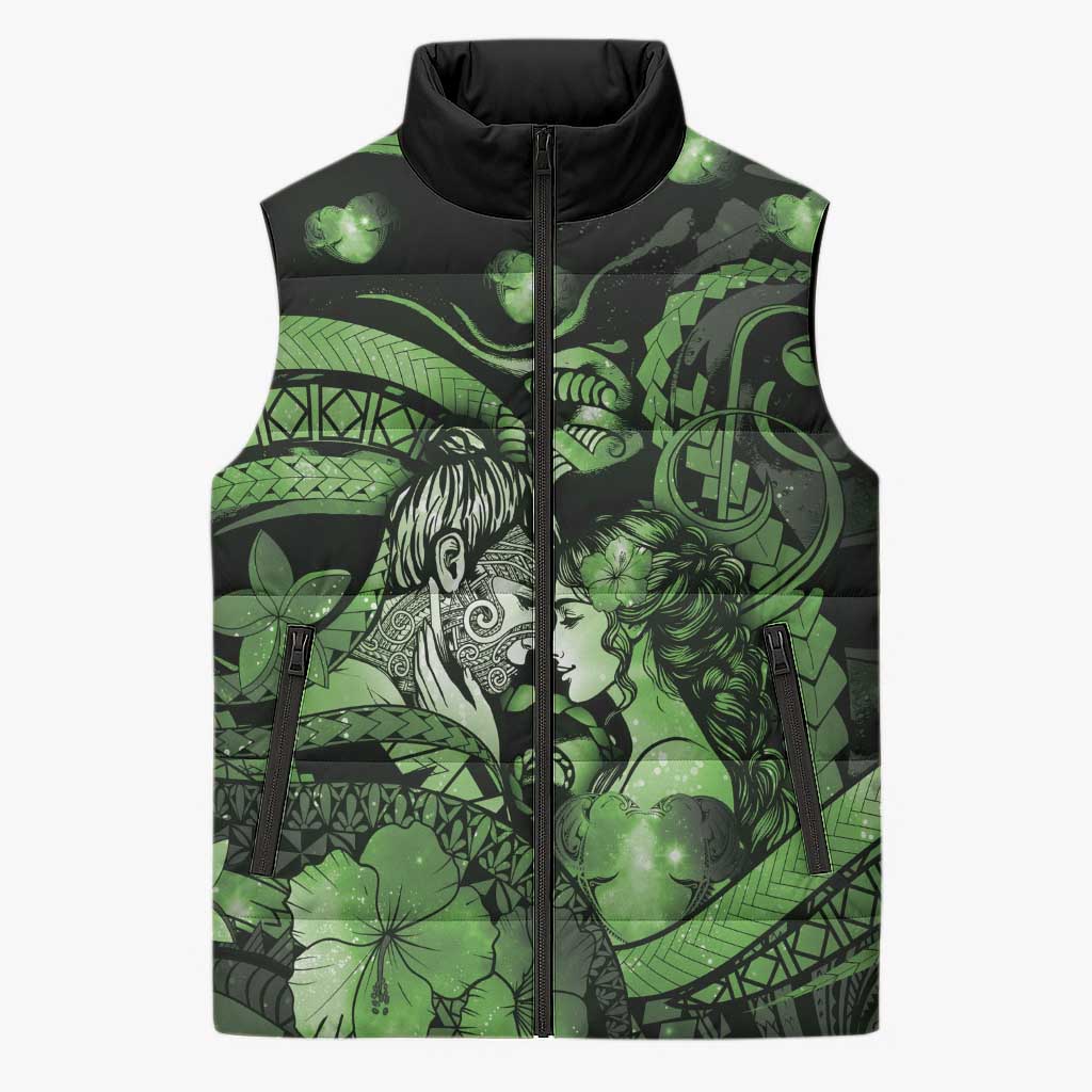 Personalised Maori Romantic Valentine Sleeveless Puffer Jacket The Hongi Kiss Green Galaxy DT05 Unisex Green - Polynesian Pride