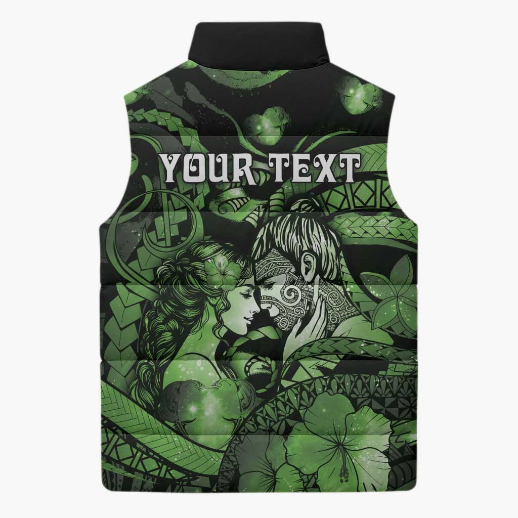Personalised Maori Romantic Valentine Sleeveless Puffer Jacket The Hongi Kiss Green Galaxy DT05 - Polynesian Pride