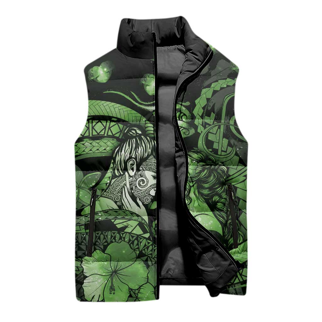 Personalised Maori Romantic Valentine Sleeveless Puffer Jacket The Hongi Kiss Green Galaxy DT05 - Polynesian Pride