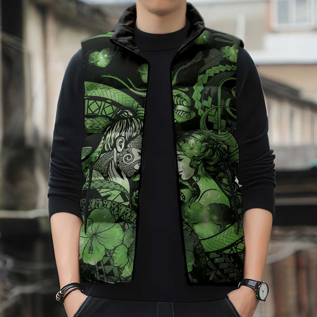 Personalised Maori Romantic Valentine Sleeveless Puffer Jacket The Hongi Kiss Green Galaxy DT05 - Polynesian Pride