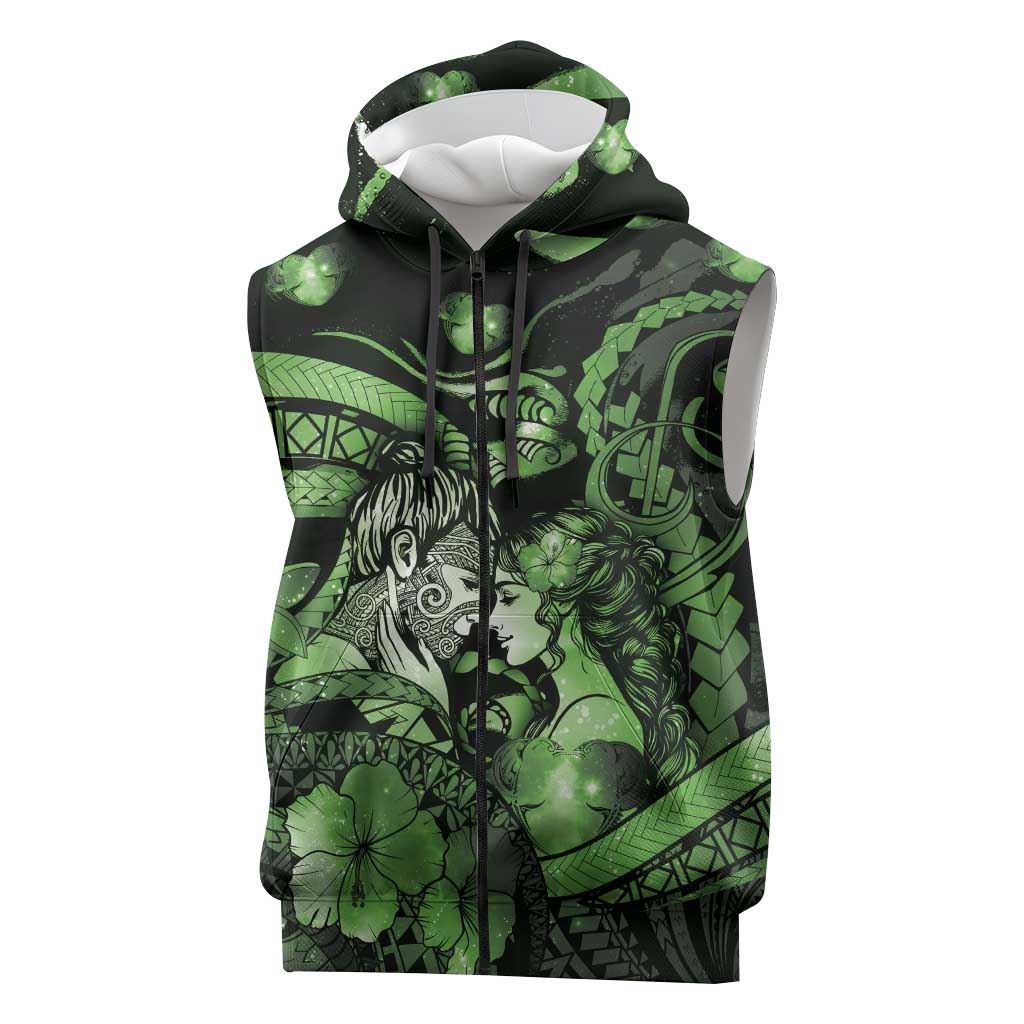 Personalised Maori Romantic Valentine Sleeveless Zip Hoodie The Hongi Kiss Green Galaxy DT05 Green - Polynesian Pride