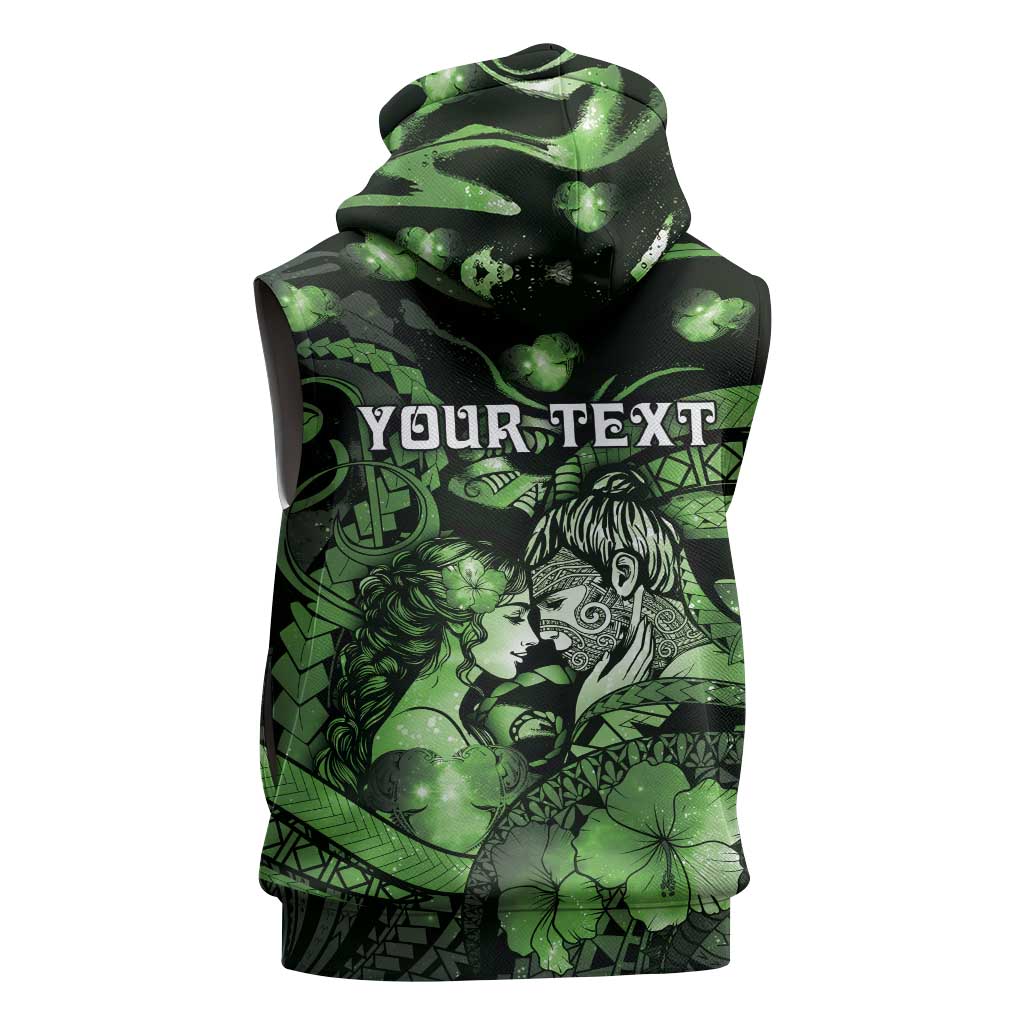 Personalised Maori Romantic Valentine Sleeveless Zip Hoodie The Hongi Kiss Green Galaxy DT05 - Polynesian Pride