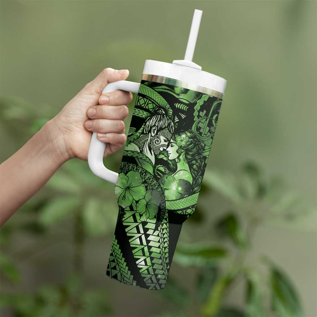 Personalised Maori Romantic Valentine Tumbler With Handle The Hongi Kiss Green Galaxy DT05 - Polynesian Pride