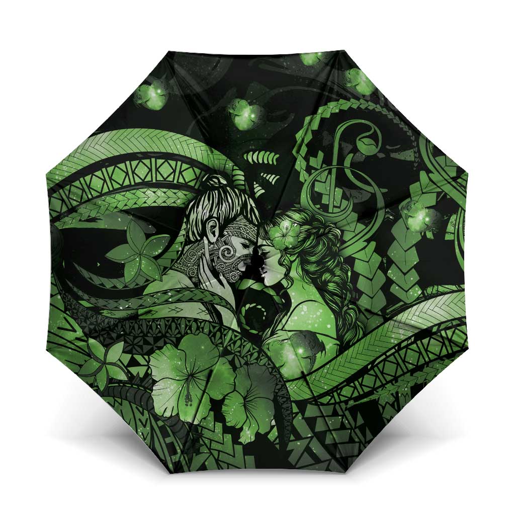 Maori Romantic Valentine Umbrella The Hongi Kiss Green Galaxy DT05 One Size Folded 11.42 inch Opened Diameter 37.4 inch Green - Polynesian Pride