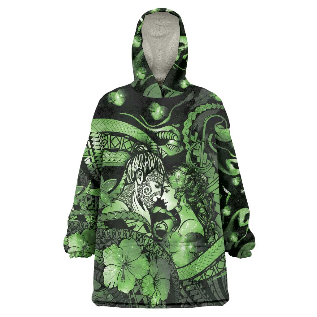Personalised Maori Romantic Valentine Wearable Blanket Hoodie The Hongi Kiss Green Galaxy DT05 One Size Green - Polynesian Pride