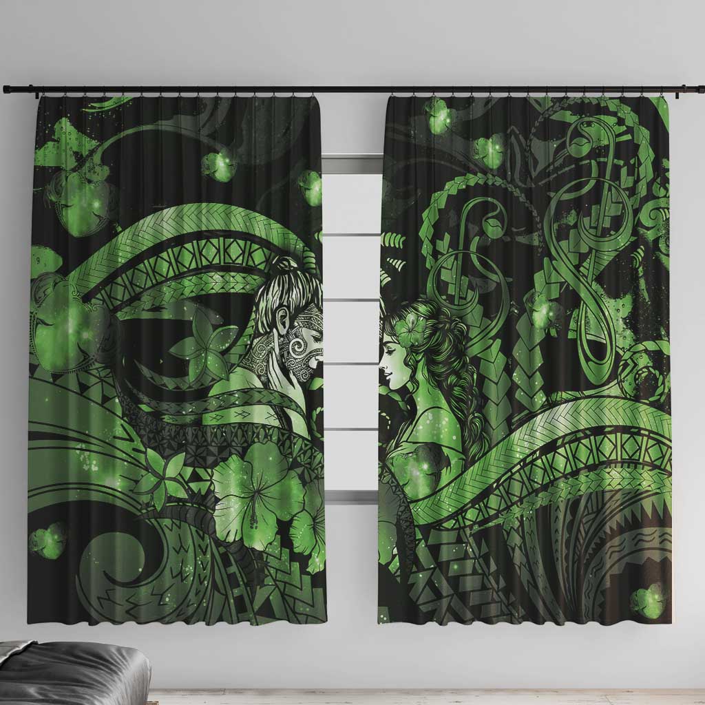 Maori Romantic Valentine Window Curtain The Hongi Kiss Green Galaxy DT05 With Hooks Green - Polynesian Pride