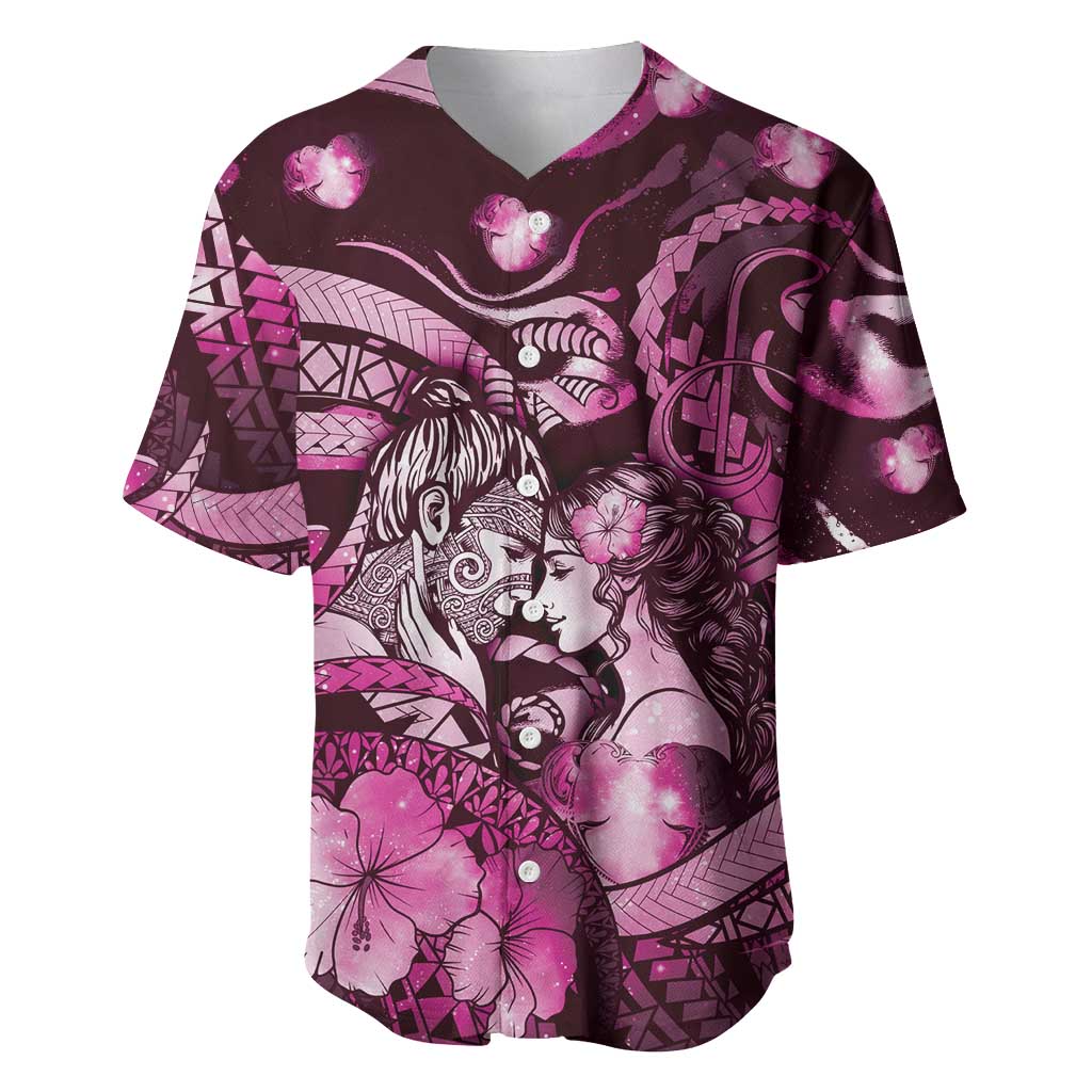 Personalised Maori Romantic Valentine Baseball Jersey The Hongi Kiss Pink Galaxy DT05 Pink - Polynesian Pride