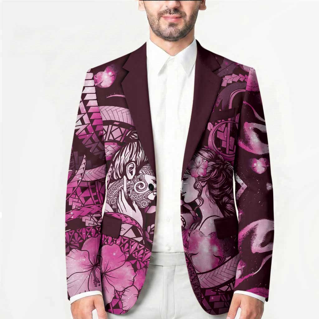 Personalised Maori Romantic Valentine Blazer The Hongi Kiss Pink Galaxy DT05 - Polynesian Pride