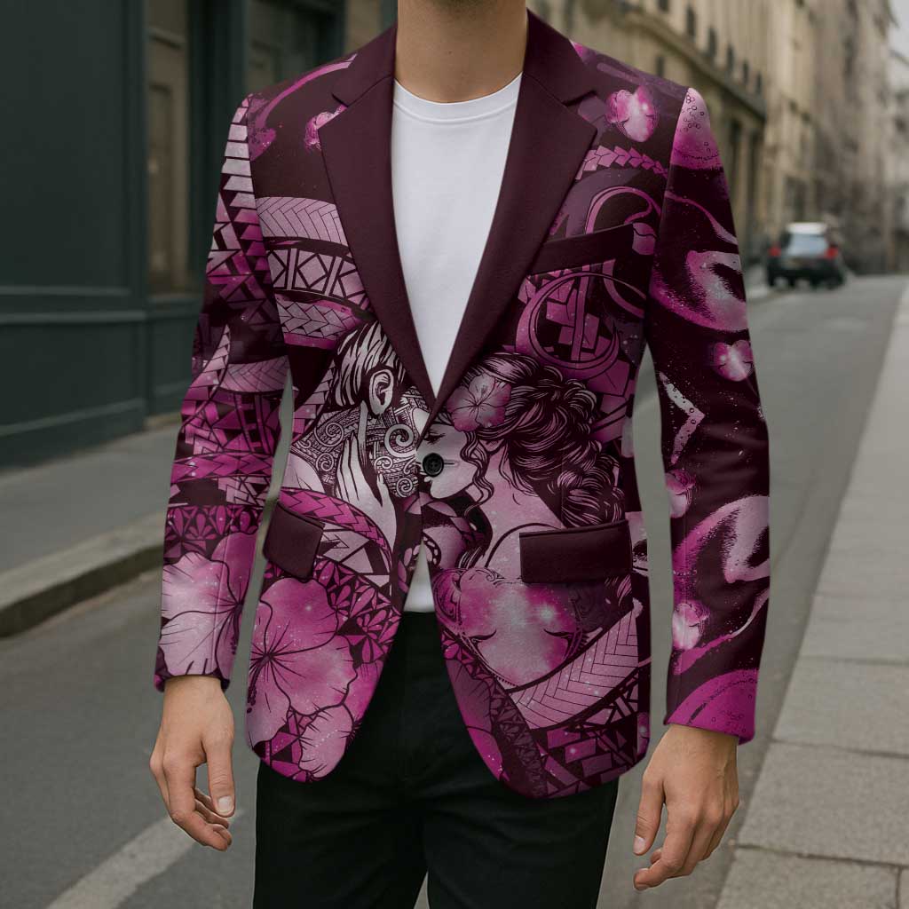 Personalised Maori Romantic Valentine Blazer The Hongi Kiss Pink Galaxy DT05 - Polynesian Pride