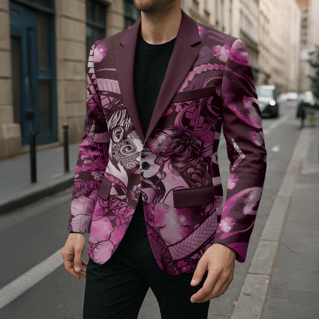 Personalised Maori Romantic Valentine Blazer The Hongi Kiss Pink Galaxy DT05 - Polynesian Pride