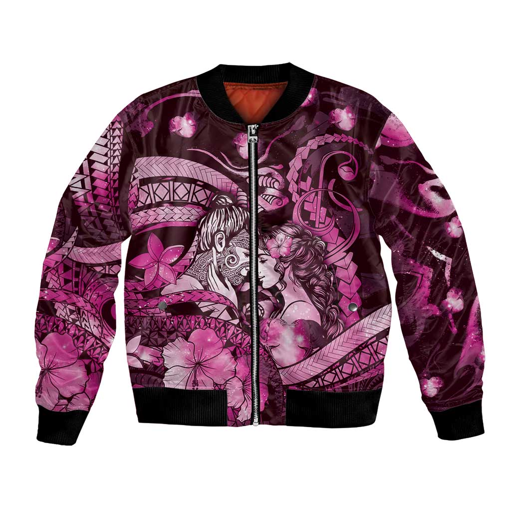 Personalised Maori Romantic Valentine Bomber Jacket The Hongi Kiss Pink Galaxy DT05 Unisex Pink - Polynesian Pride