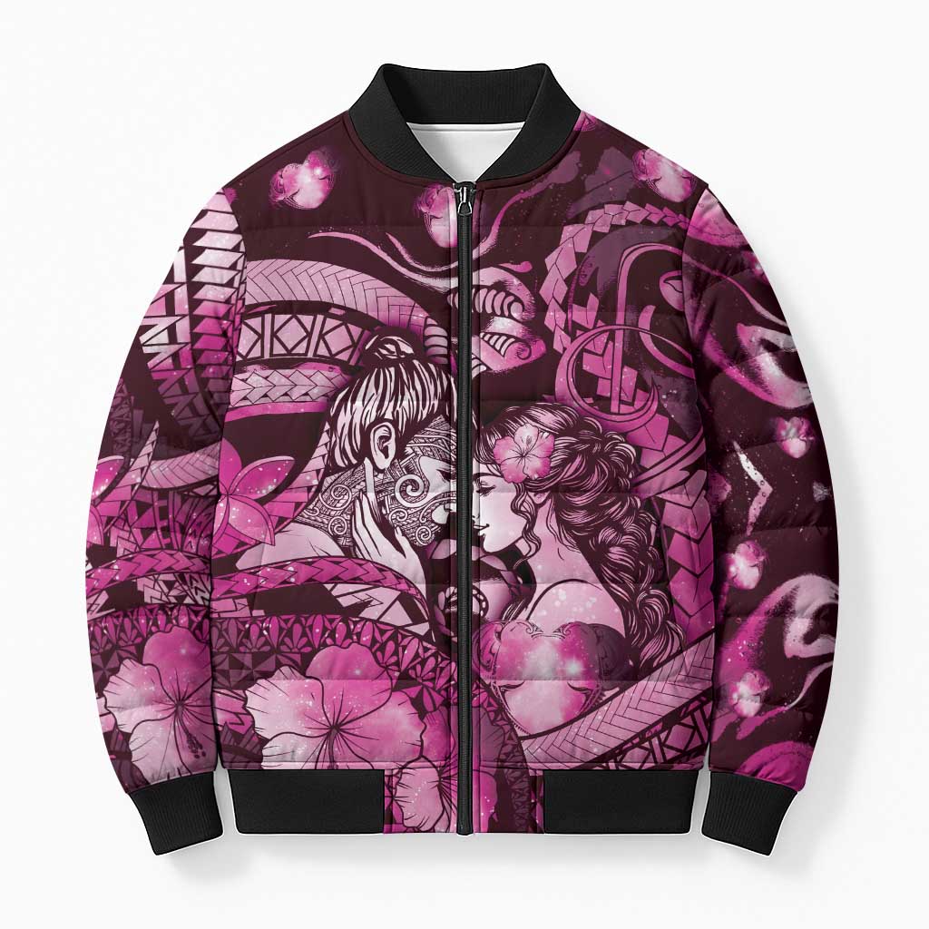 Personalised Maori Romantic Valentine Bomber Puffer Jacket The Hongi Kiss Pink Galaxy DT05 Unisex Pink - Polynesian Pride