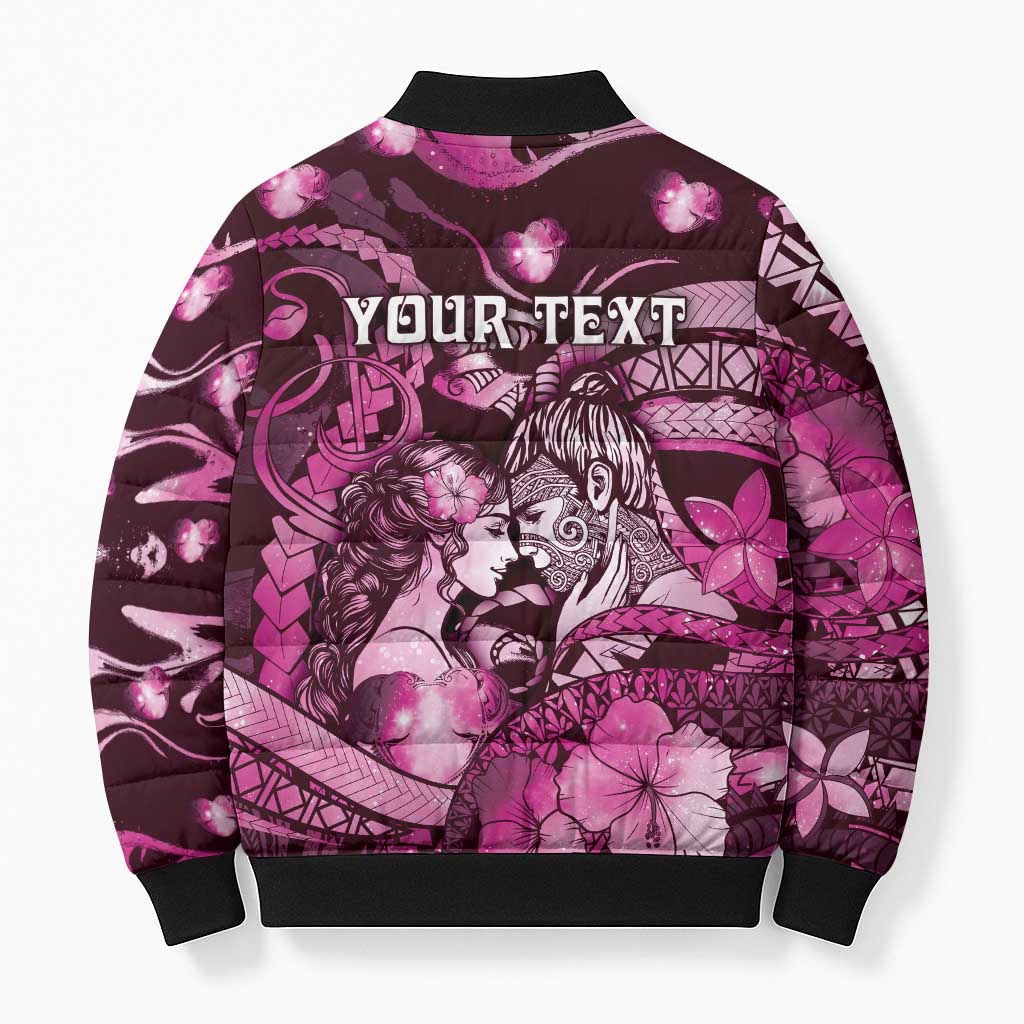 Personalised Maori Romantic Valentine Bomber Puffer Jacket The Hongi Kiss Pink Galaxy DT05 - Polynesian Pride