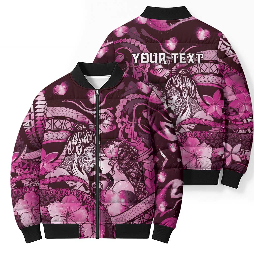 Personalised Maori Romantic Valentine Bomber Puffer Jacket The Hongi Kiss Pink Galaxy DT05 - Polynesian Pride