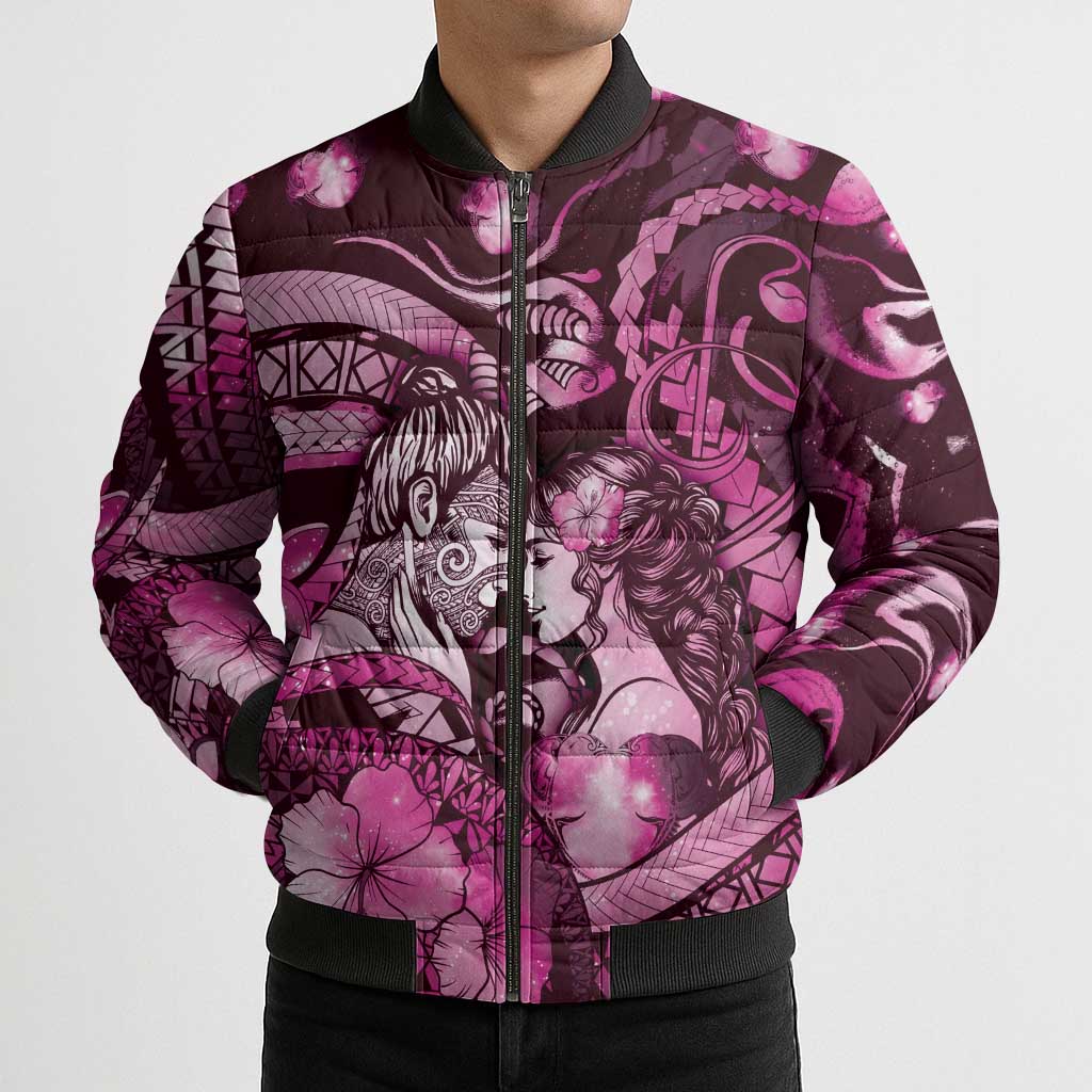 Personalised Maori Romantic Valentine Bomber Puffer Jacket The Hongi Kiss Pink Galaxy DT05 - Polynesian Pride