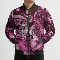 Personalised Maori Romantic Valentine Bomber Puffer Jacket The Hongi Kiss Pink Galaxy DT05 - Polynesian Pride