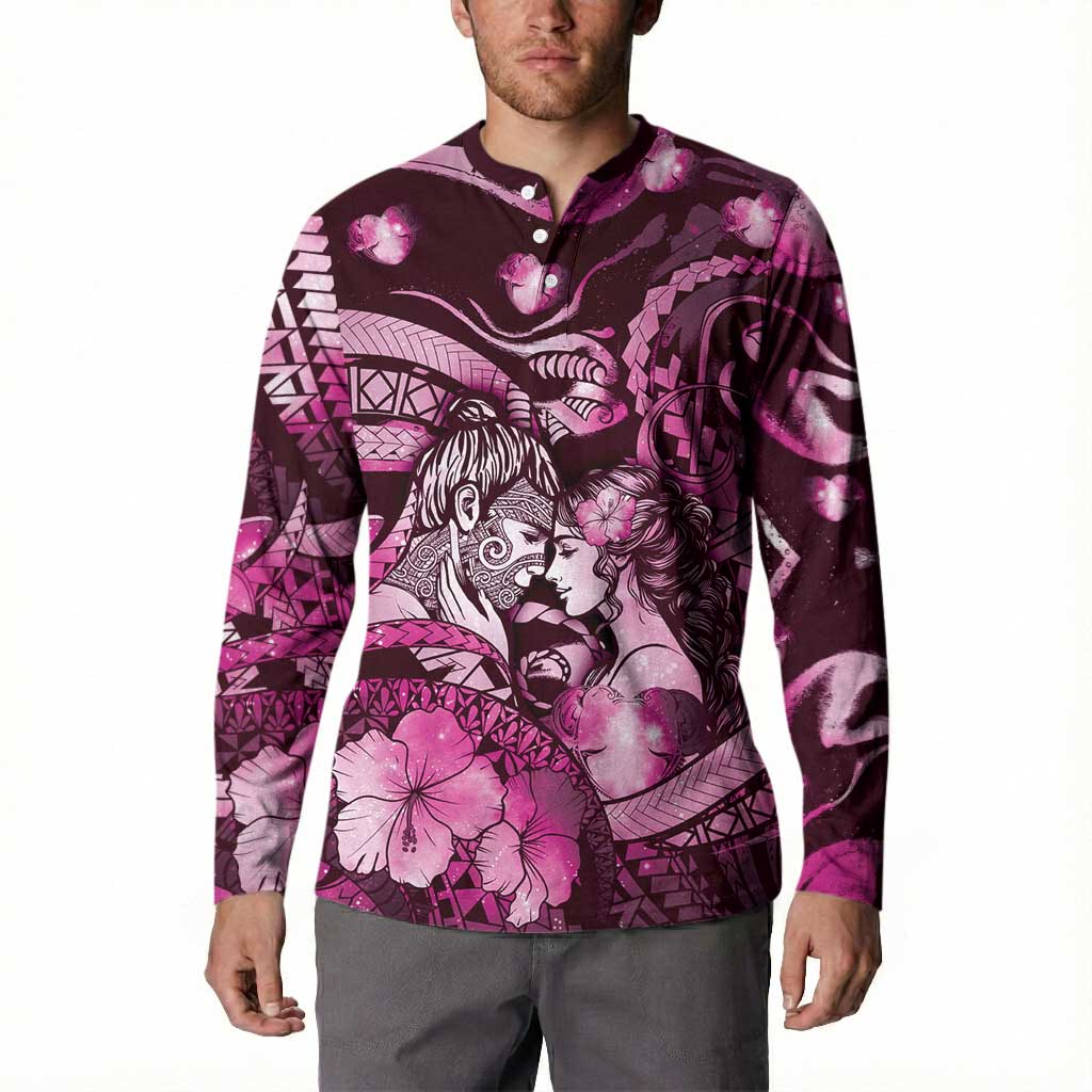 Personalised Maori Romantic Valentine Button Sweatshirt The Hongi Kiss Pink Galaxy DT05 - Polynesian Pride