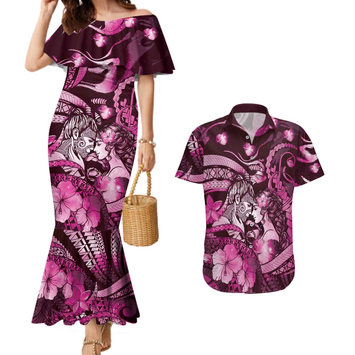 Personalised Maori Romantic Valentine Couples Matching Mermaid Dress and Hawaiian Shirt The Hongi Kiss Pink Galaxy
